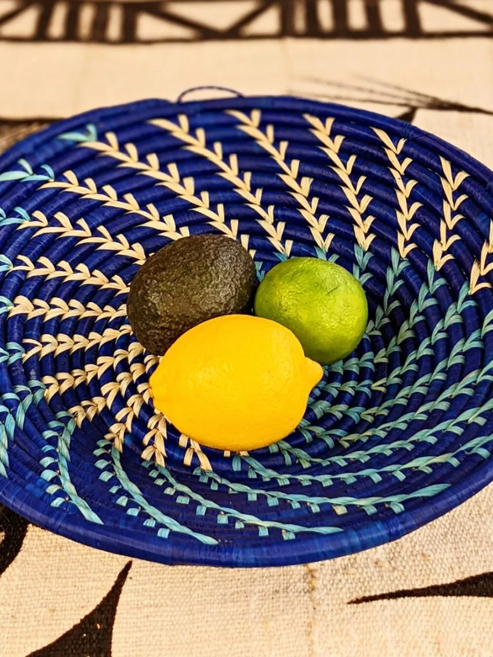 Blue White Woven Raffia Grass African Baskets Set of 2 - Small 8 in | Large 12in